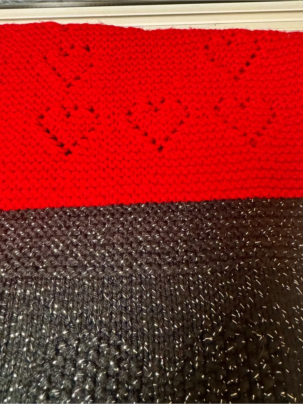 Handmade Red and Black Knit Throw Blanket - Cozy Textured Design